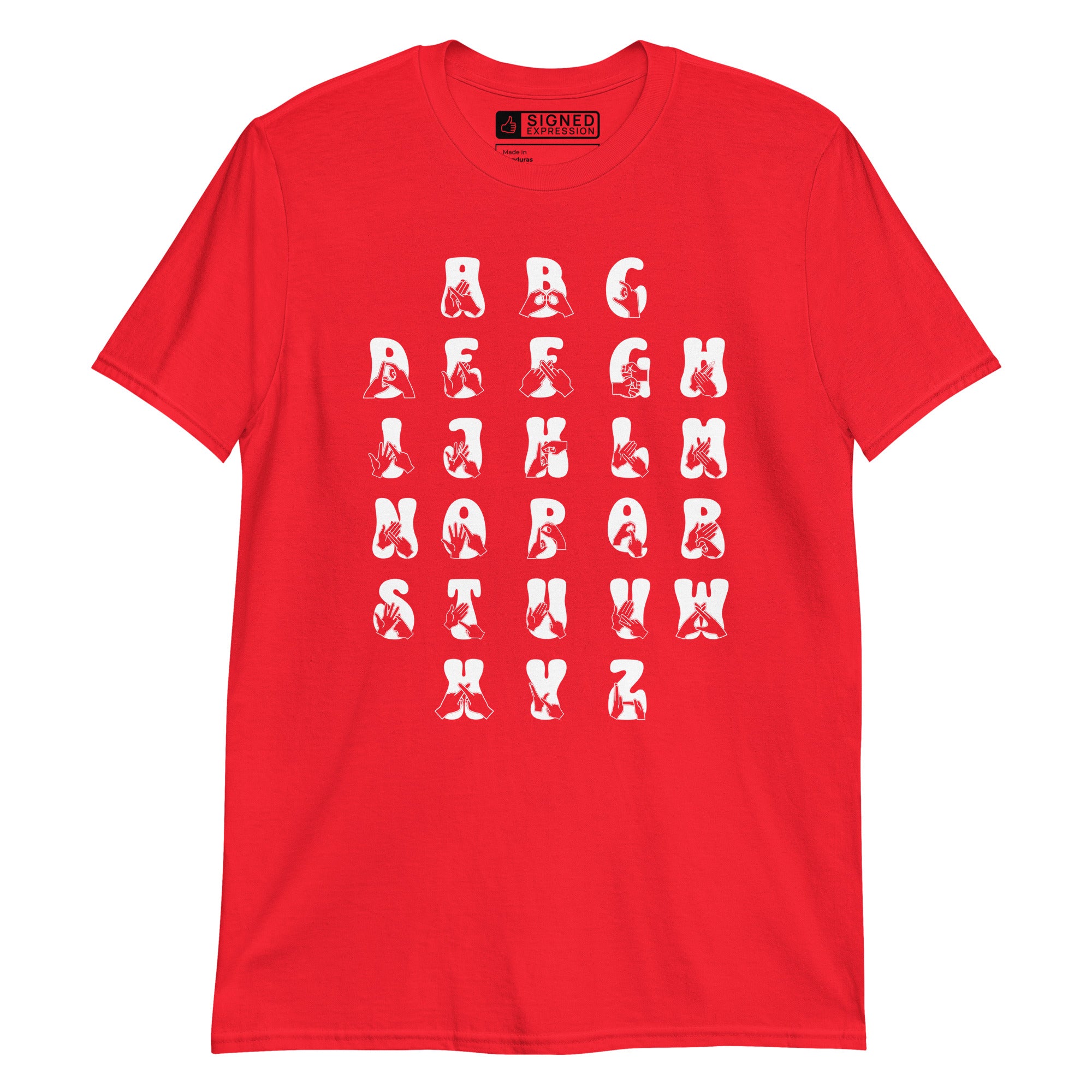 Front view of a red t-shirt with BSL Alphabet - White Fingerspelling & Text