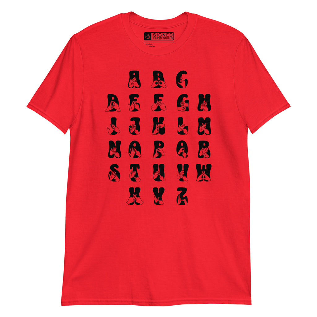 Front view of a red t-shirt with BSL Alphabet - Black Fingerspelling & Text