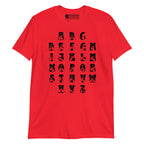Front view of a red t-shirt with BSL Alphabet - Black Fingerspelling & Text