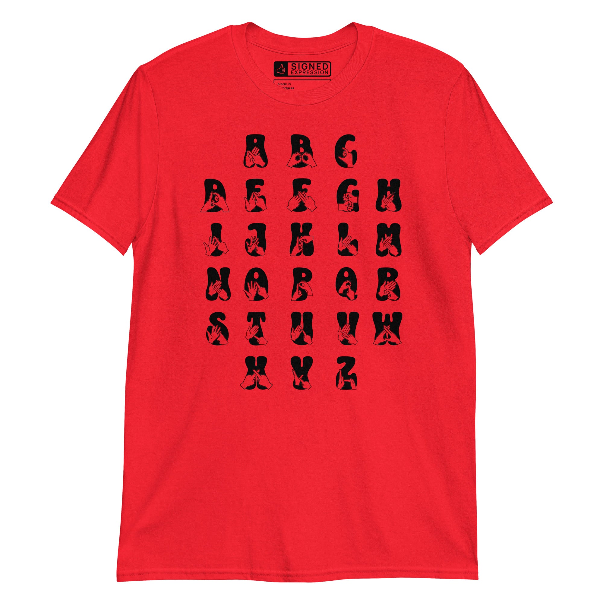 Front view of a red t-shirt with BSL Alphabet - Black Fingerspelling & Text