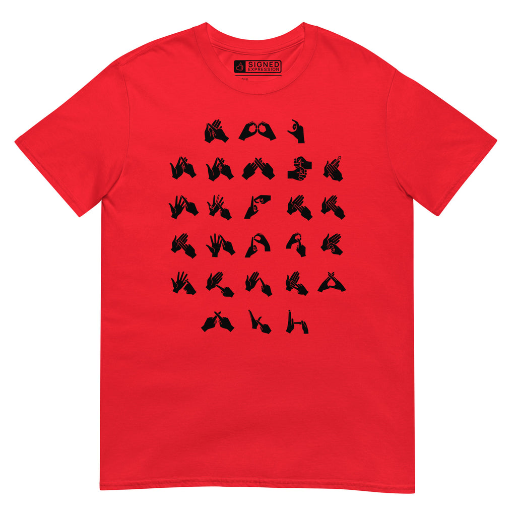 Front view of a red t-shirt with BSL Alphabet - Black Fingerspelling