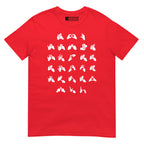 Front view of a red t-shirt with BSL Alphabet - White Fingerspelling