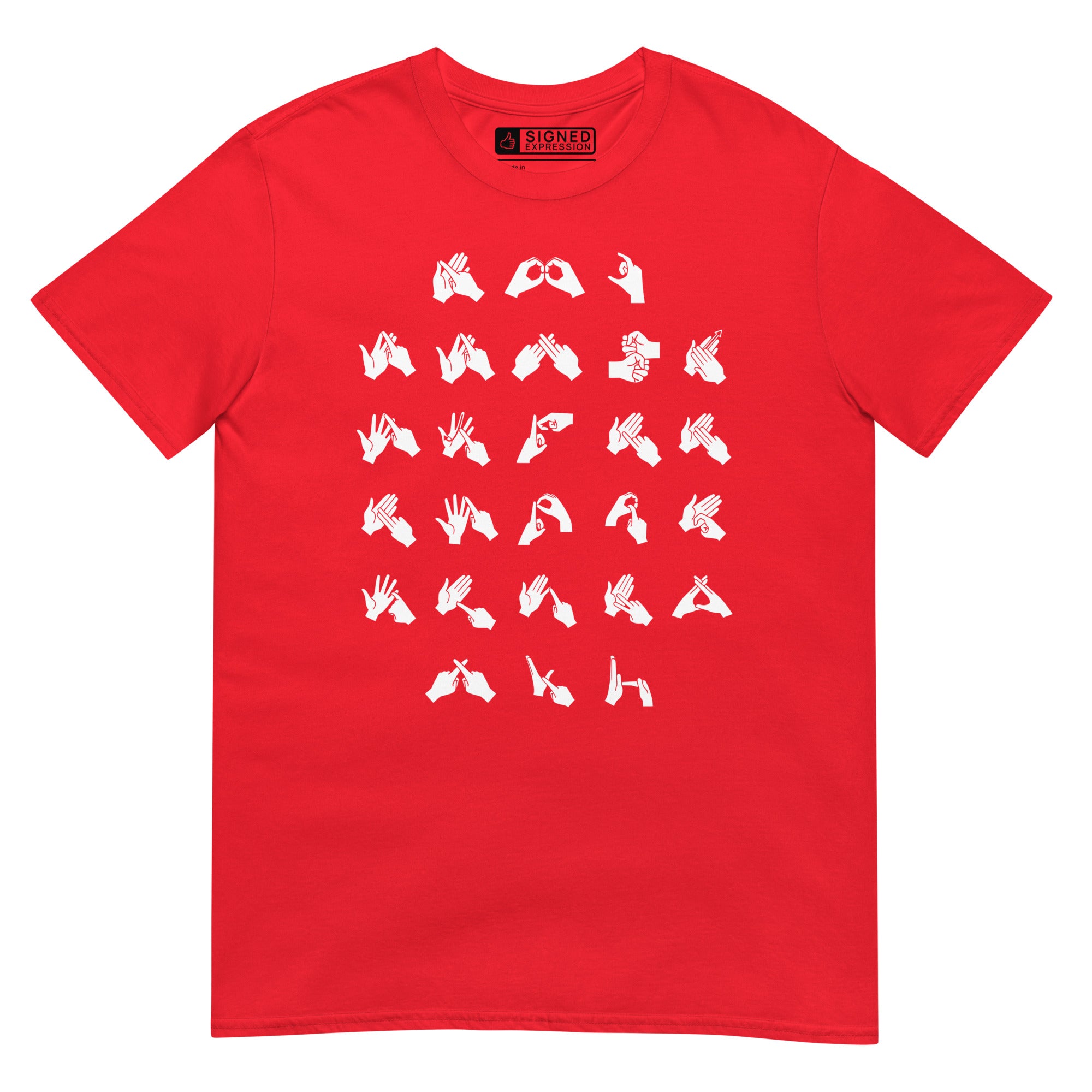 Front view of a red t-shirt with BSL Alphabet - White Fingerspelling