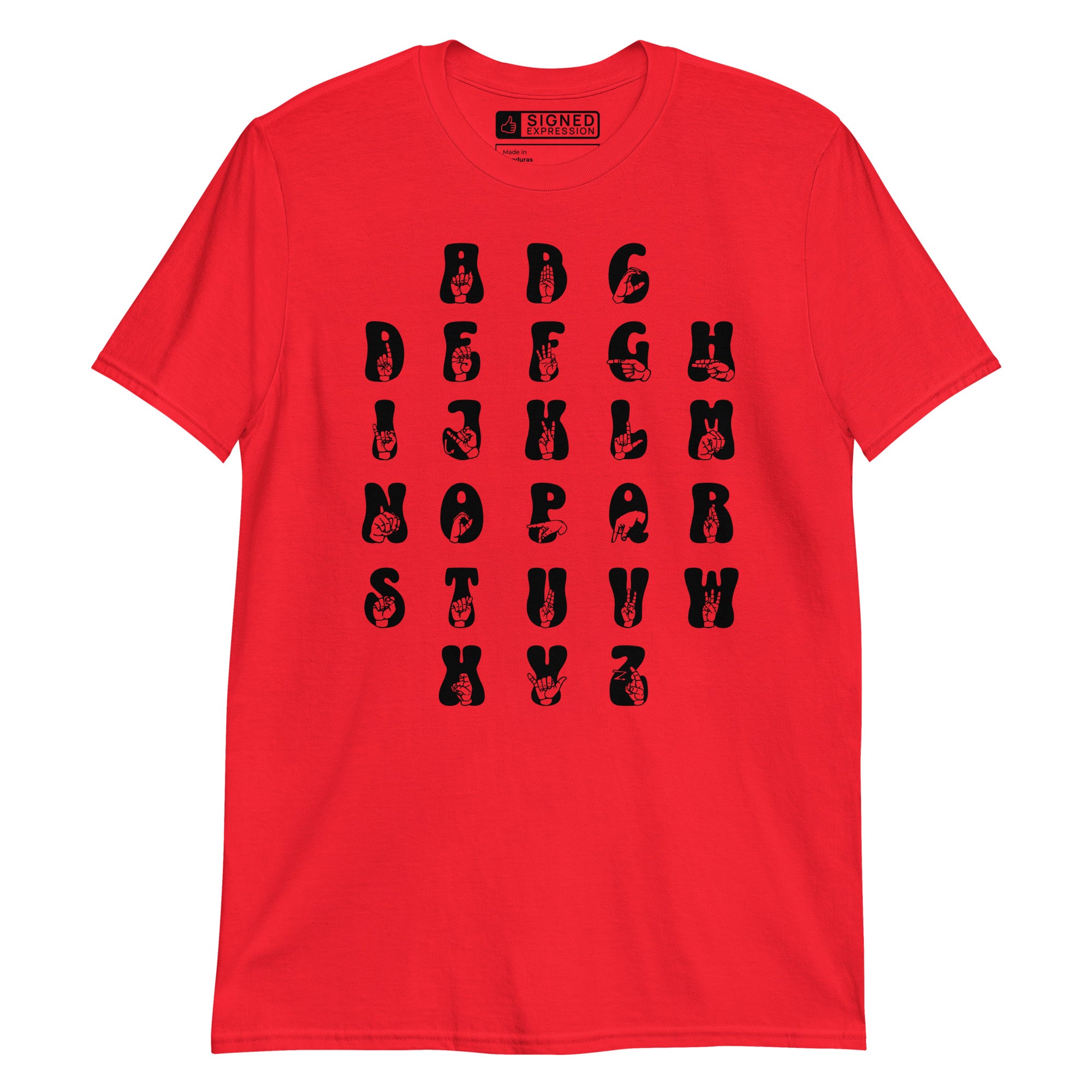 Front view of a red t-shirt with ASL Alphabet - Black Fingerspelling & Text