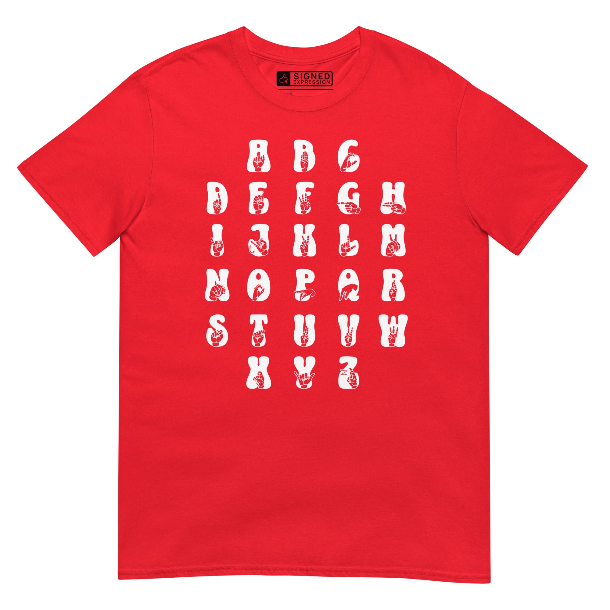 Front view of a red t-shirt with ASL Alphabet - White Fingerspelling & Text