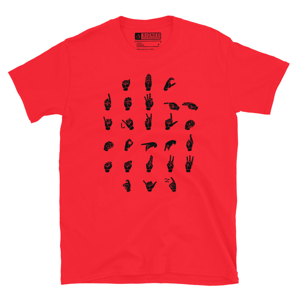 Front view of a red t-shirt with ASL Alphabet - Black Fingerspelling