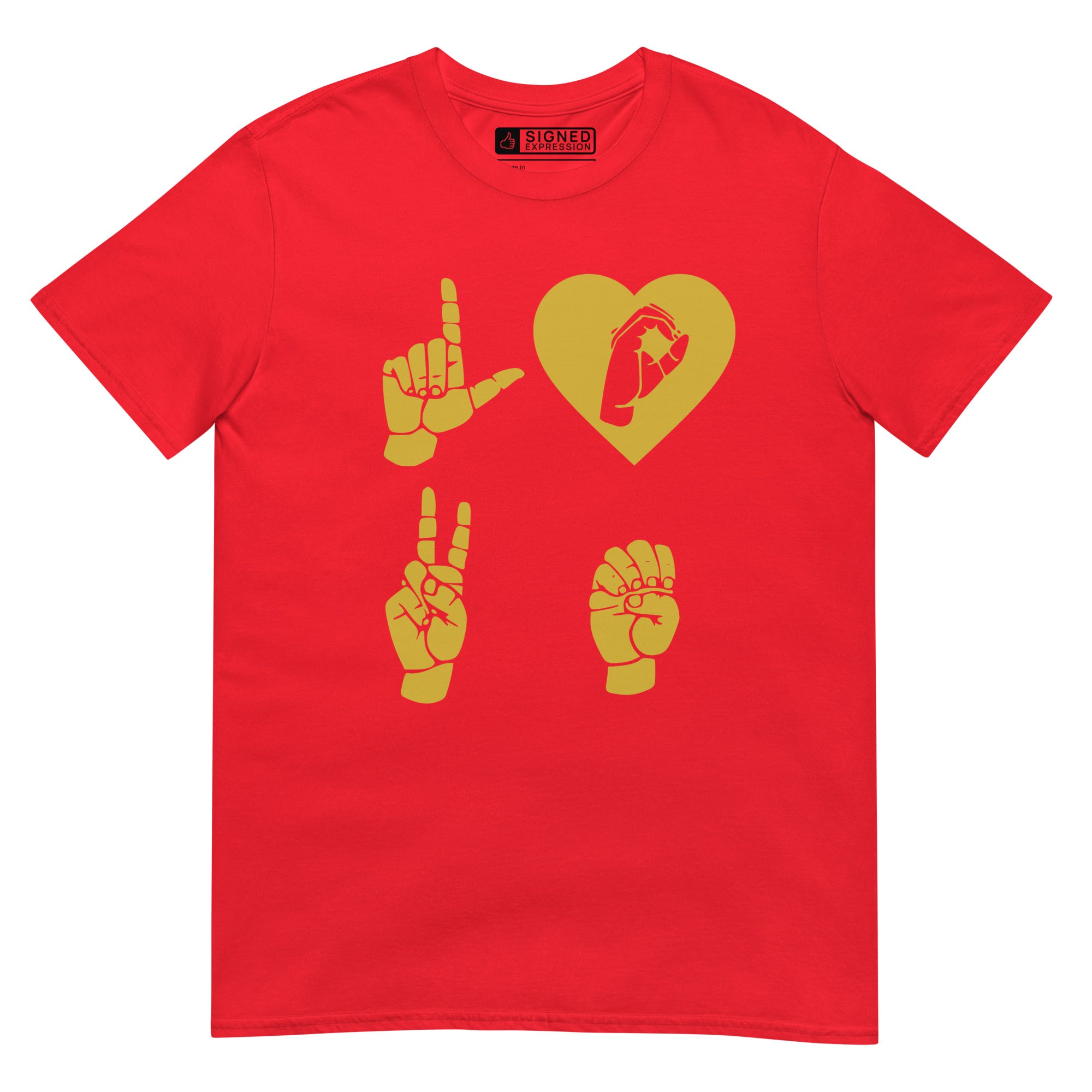 Red coloured  T-Shirt with the word Love in gold ASL Fingerspelling with the 'O' embedded in a heart shape