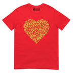 Red coloured T-Shirt showing a gold coloured heart shaped mosaic formed from smaller love hearts, BSL fingerspelling that spells LOVE, and heart shapes embedded with the BSL sign for love