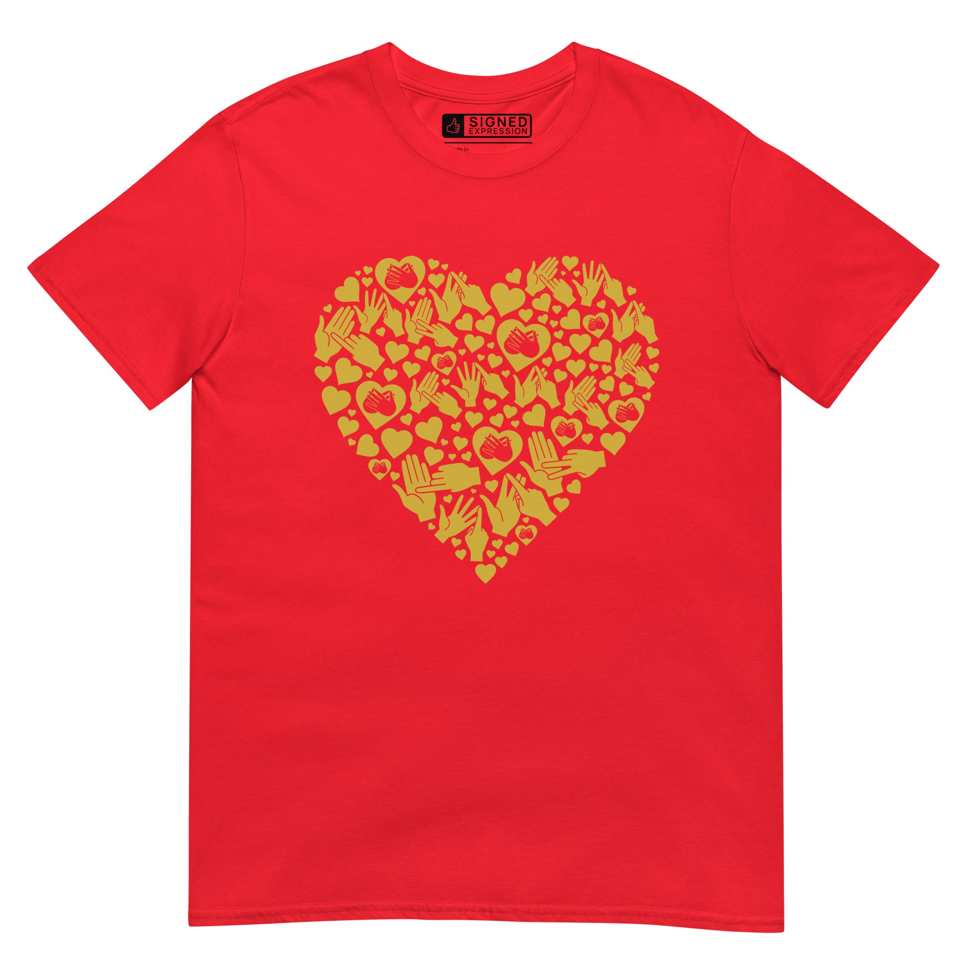 Red coloured T-Shirt showing a gold coloured heart shaped mosaic formed from smaller love hearts, BSL fingerspelling that spells LOVE, and heart shapes embedded with the BSL sign for love