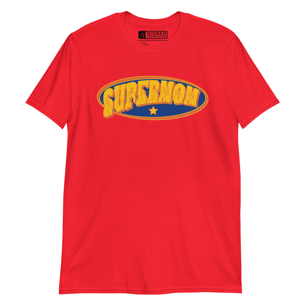 Red coloured T-Shirt showing a Supermom BSL design