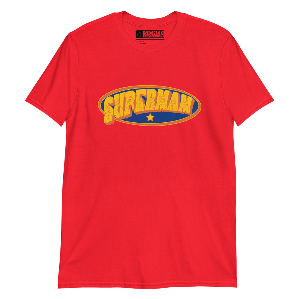 Red coloured T-Shirt showing a Supermam BSL design