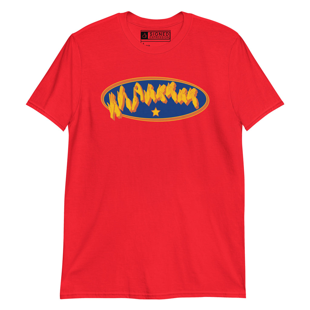 Red coloured T-Shirt showing a Supermam BSL fingerspelling design