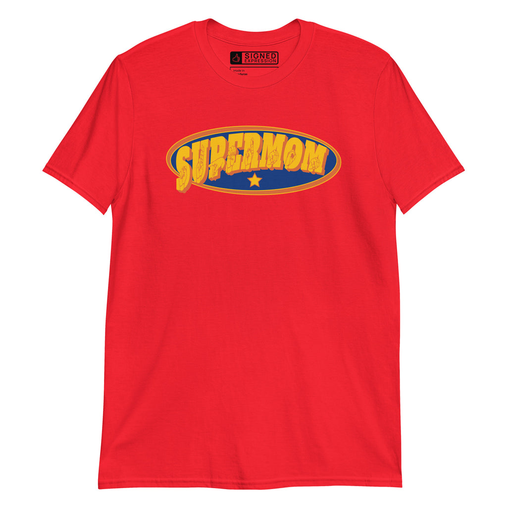 Red colored T-Shirt showing a Supermom ASL design
