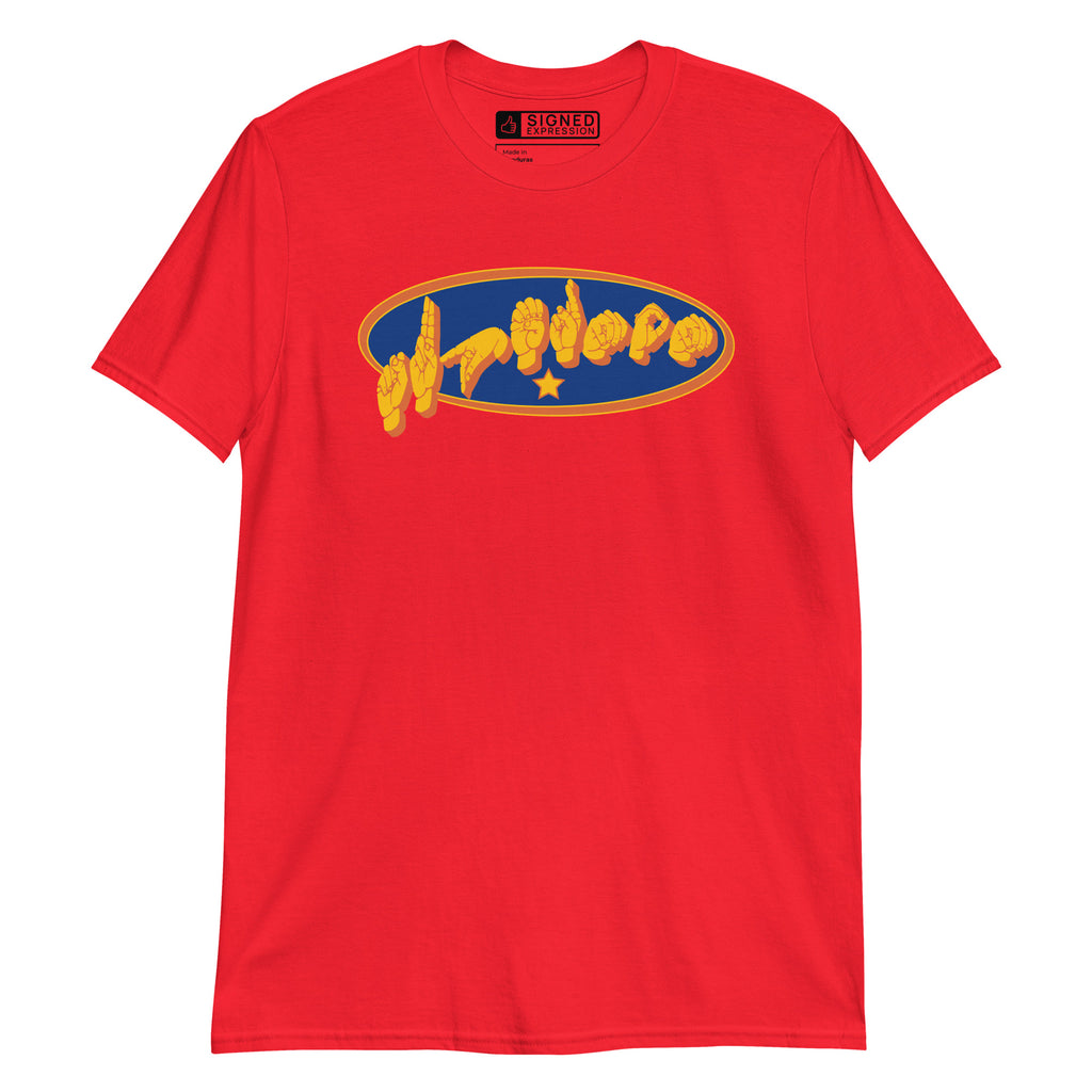 Red colored T-Shirt showing a Supermom ASL fingerspelling design