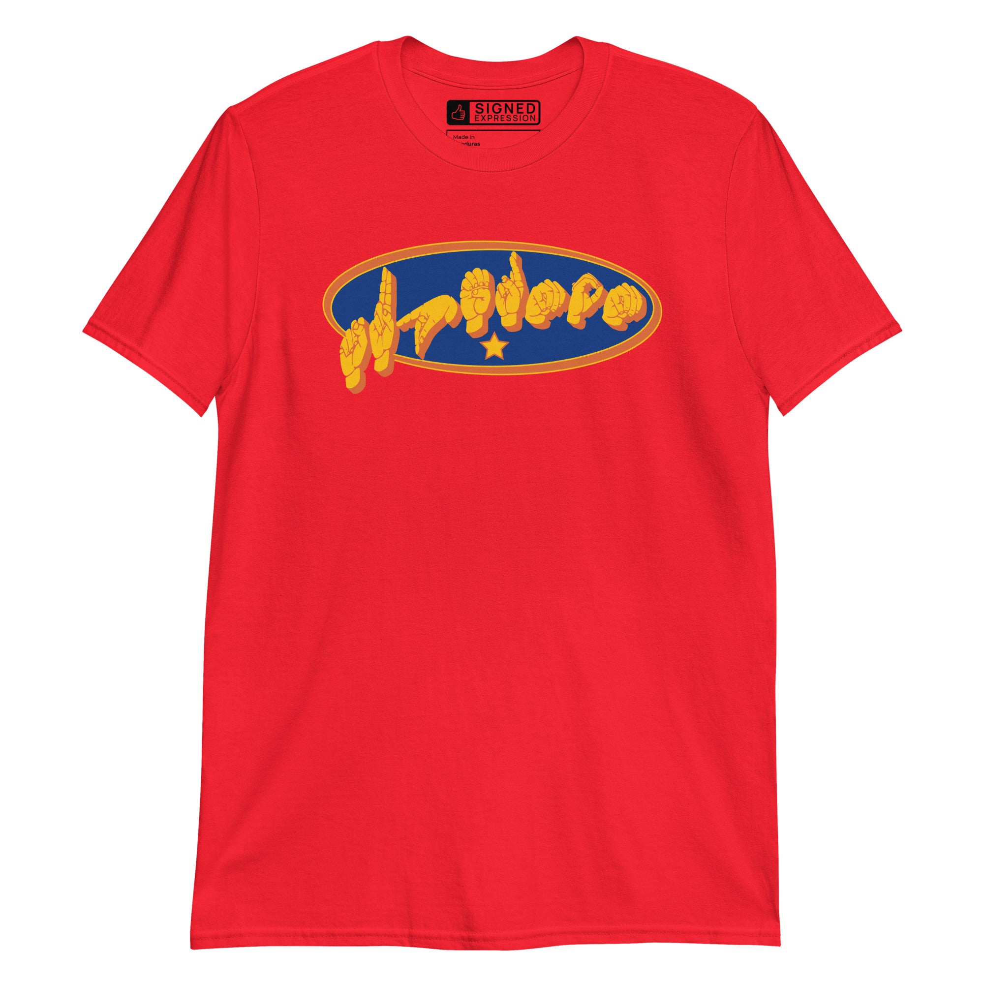 Red colored T-Shirt showing a Supermom ASL fingerspelling design
