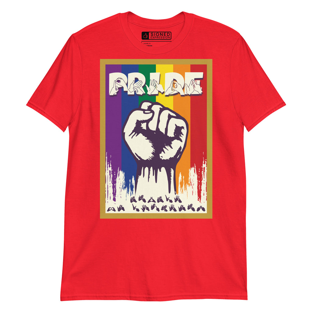 Red t-shirt with pride solidarity design with BSL fingerspelling font