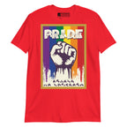Red t-shirt with pride solidarity design with BSL fingerspelling font