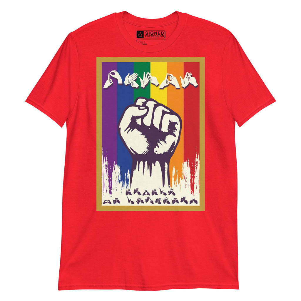 Red t-shirt with pride solidarity design with BSL fingerspelling