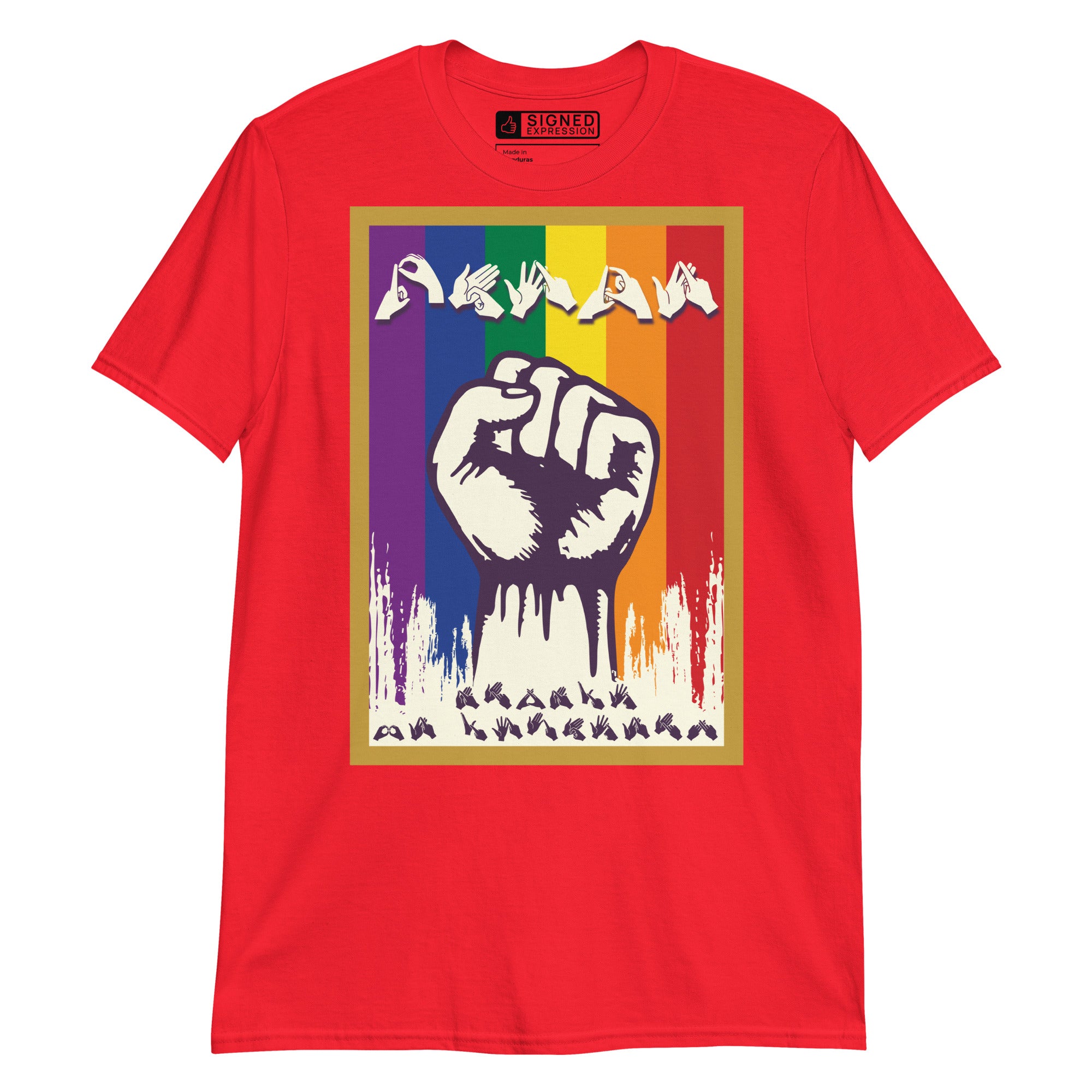 Red t-shirt with pride solidarity design with BSL fingerspelling