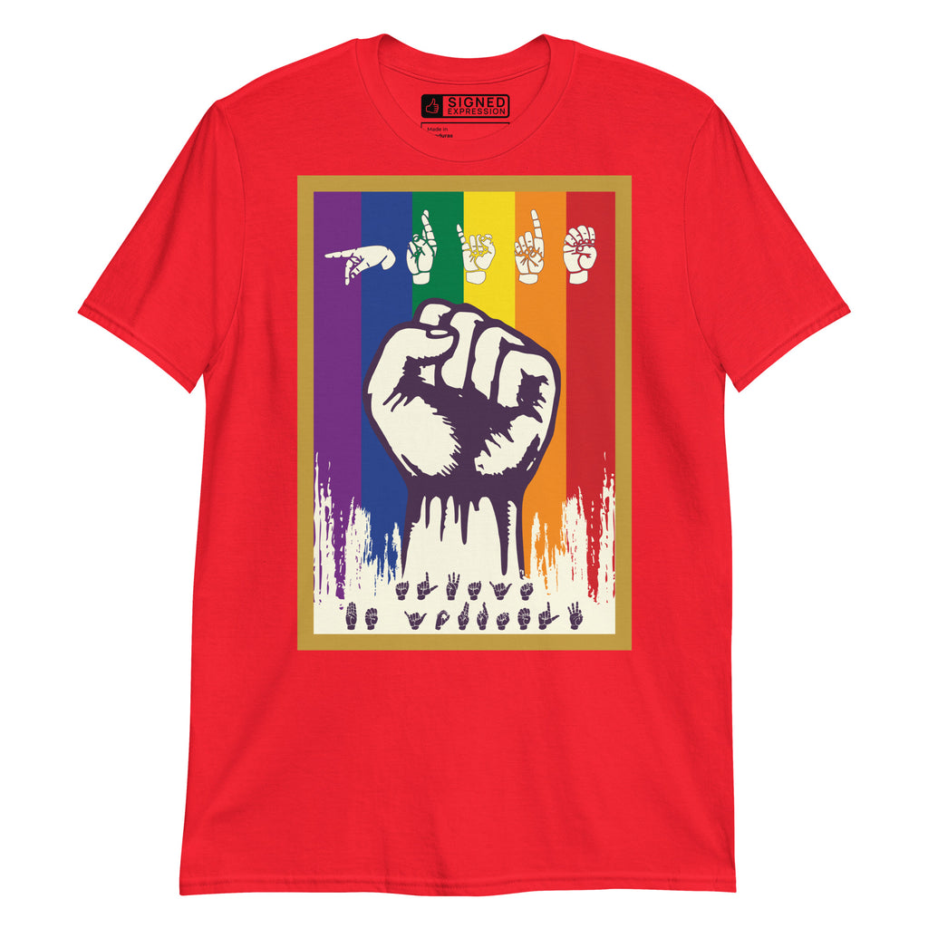 Red t-shirt with pride solidarity design with ASL fingerspelling