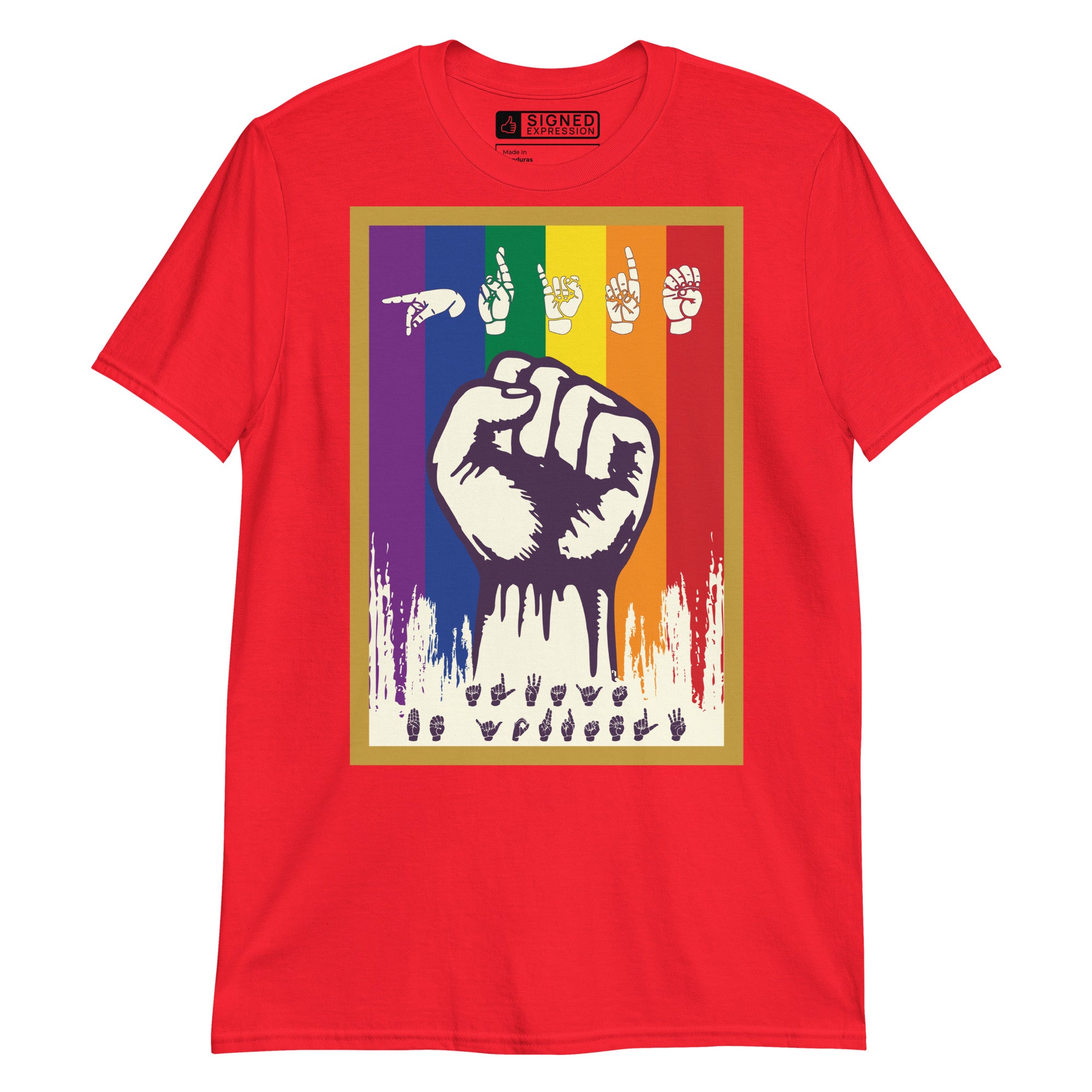 Red t-shirt with pride solidarity design with ASL fingerspelling