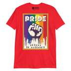 Red t-shirt with pride solidarity design with ASL fingerspelling font