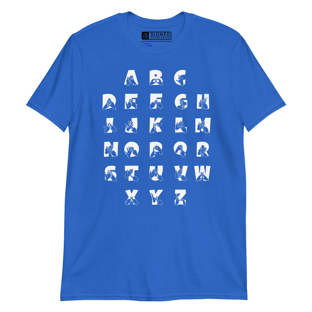 Front view of a royal t-shirt with BSL Alphabet - White Fingerspelling & Text