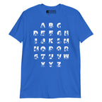 Front view of a royal t-shirt with BSL Alphabet - White Fingerspelling & Text