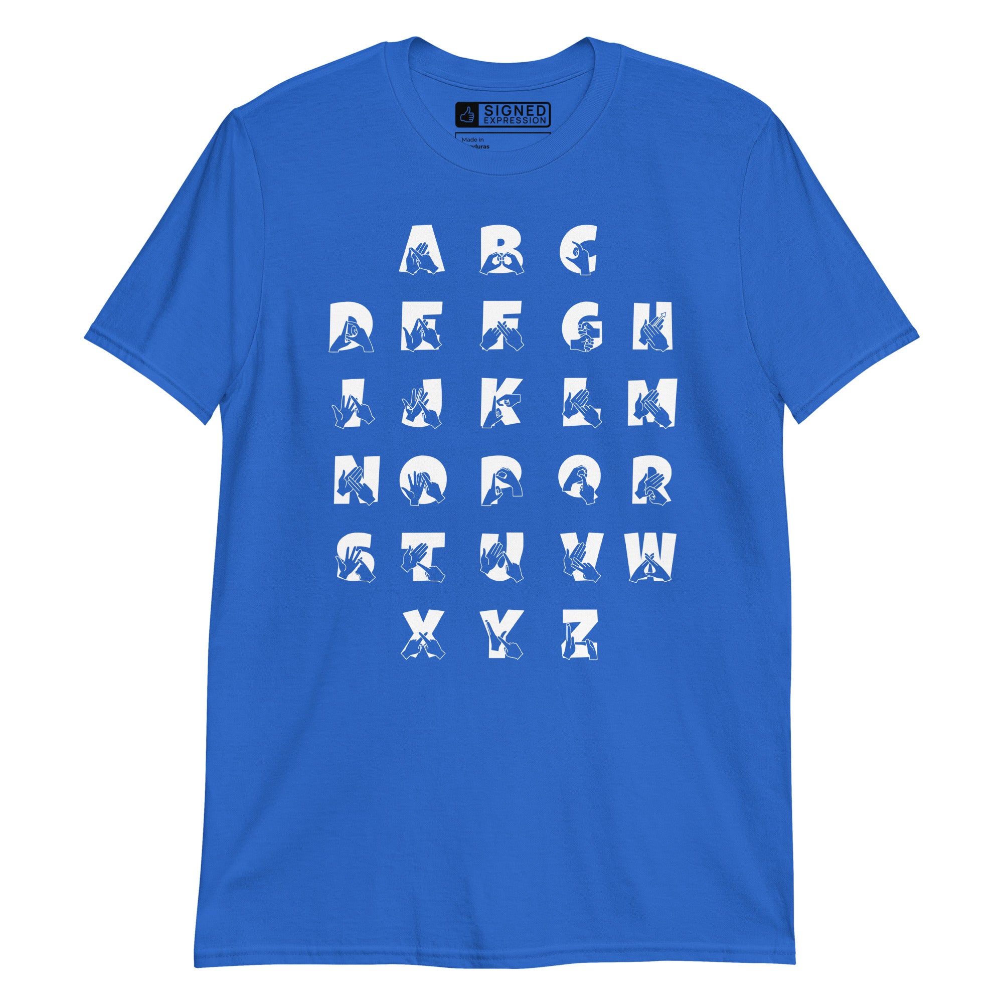 Front view of a royal t-shirt with BSL Alphabet - White Fingerspelling & Text
