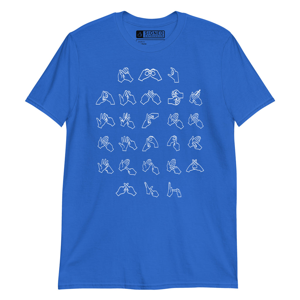 Front view of a royal t-shirt with BSL Alphabet - White Fingerspelling