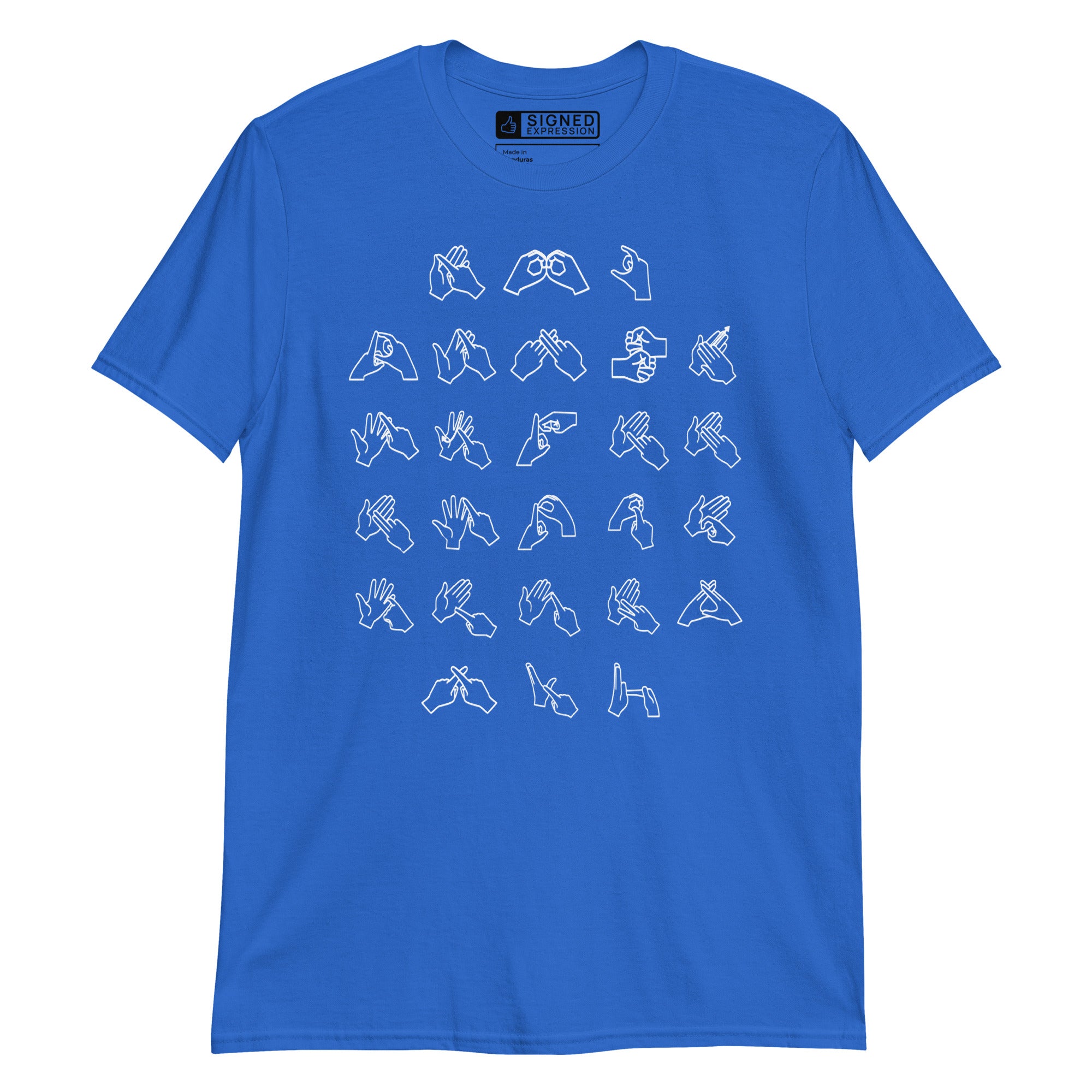 Front view of a royal t-shirt with BSL Alphabet - White Fingerspelling