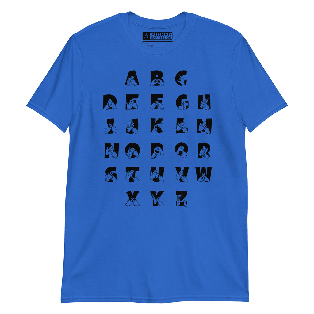 Front view of a royal t-shirt with BSL Alphabet - Black Fingerspelling & Text