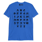 Front view of a royal t-shirt with BSL Alphabet - Black Fingerspelling & Text