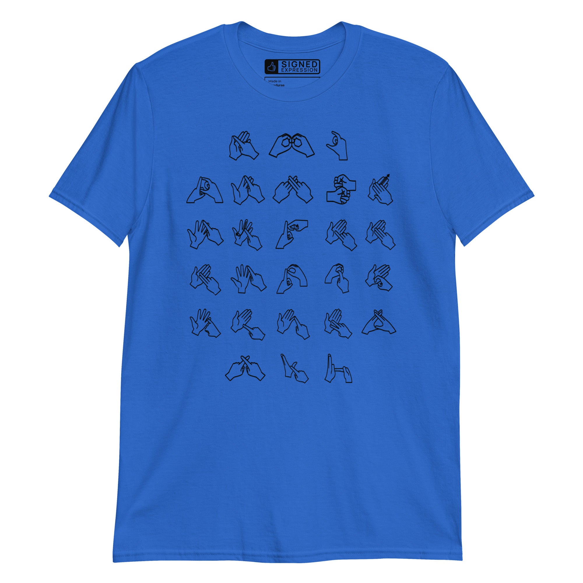 Front view of a royal t-shirt with BSL Alphabet - Black Fingerspelling