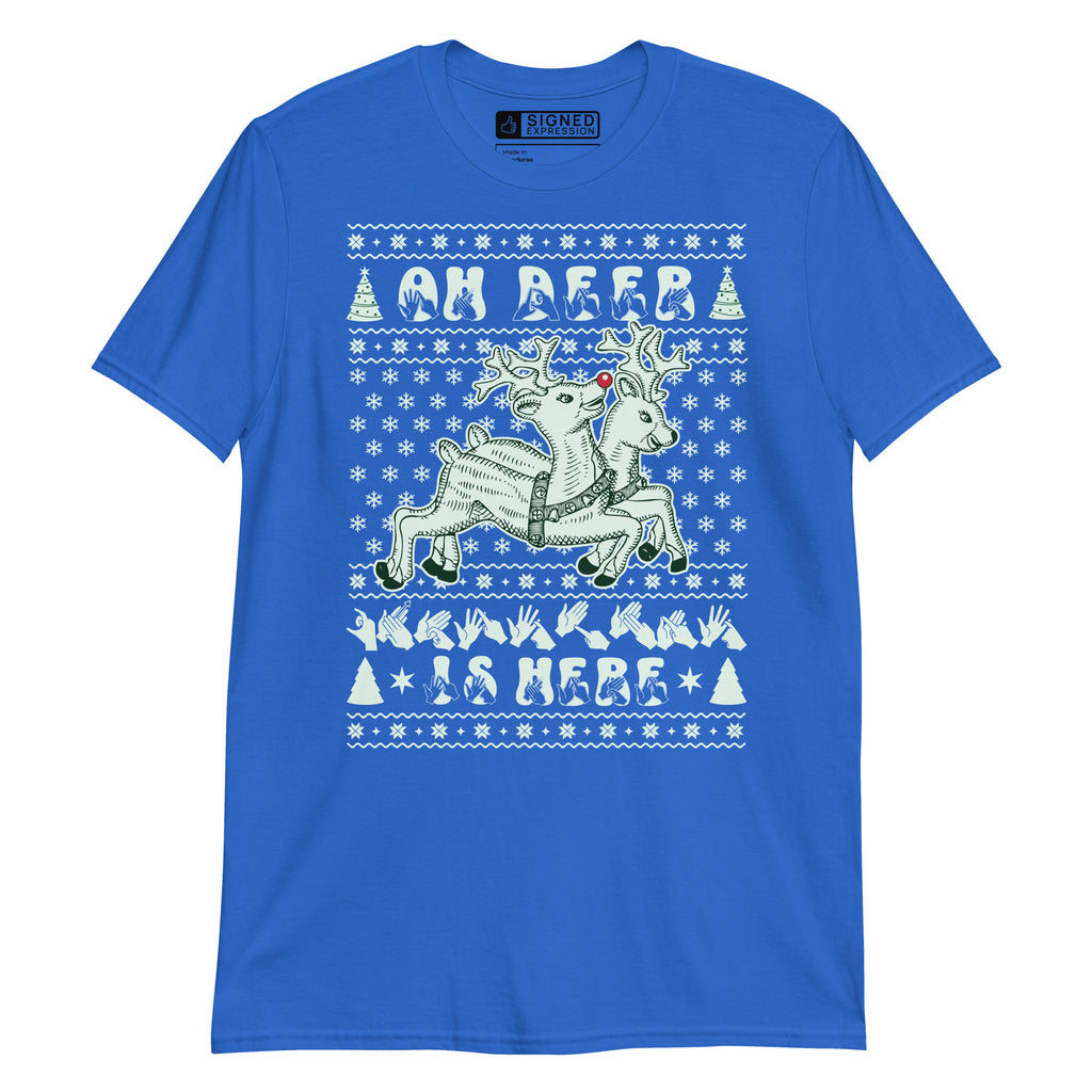 Royal coloured Oh Deer Christmas Is Here t-shirt with reindeers, snowflakes and BSL design.