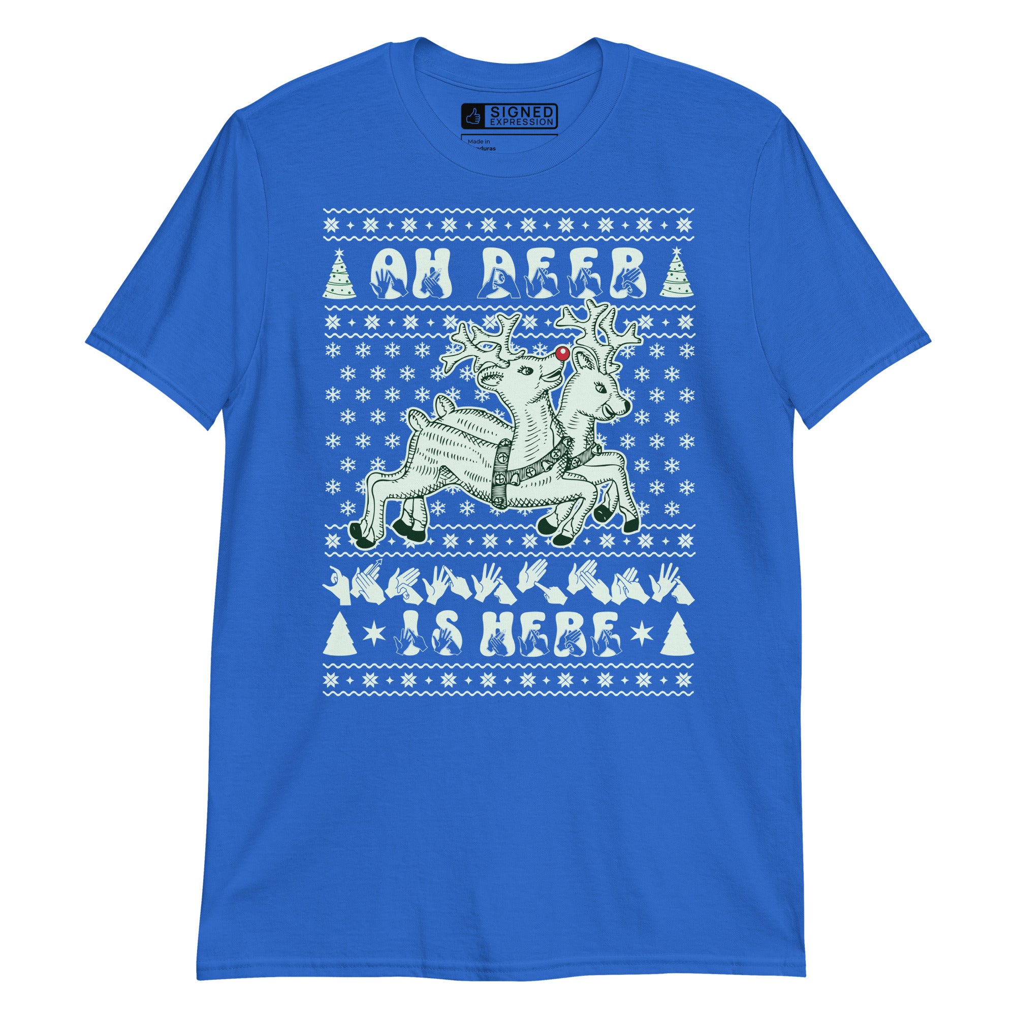 Royal coloured Oh Deer Christmas Is Here t-shirt with reindeers, snowflakes and BSL design.
