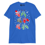 Royal coloured t-shirt with Ho Ho Ho BSL fingerspelling design.