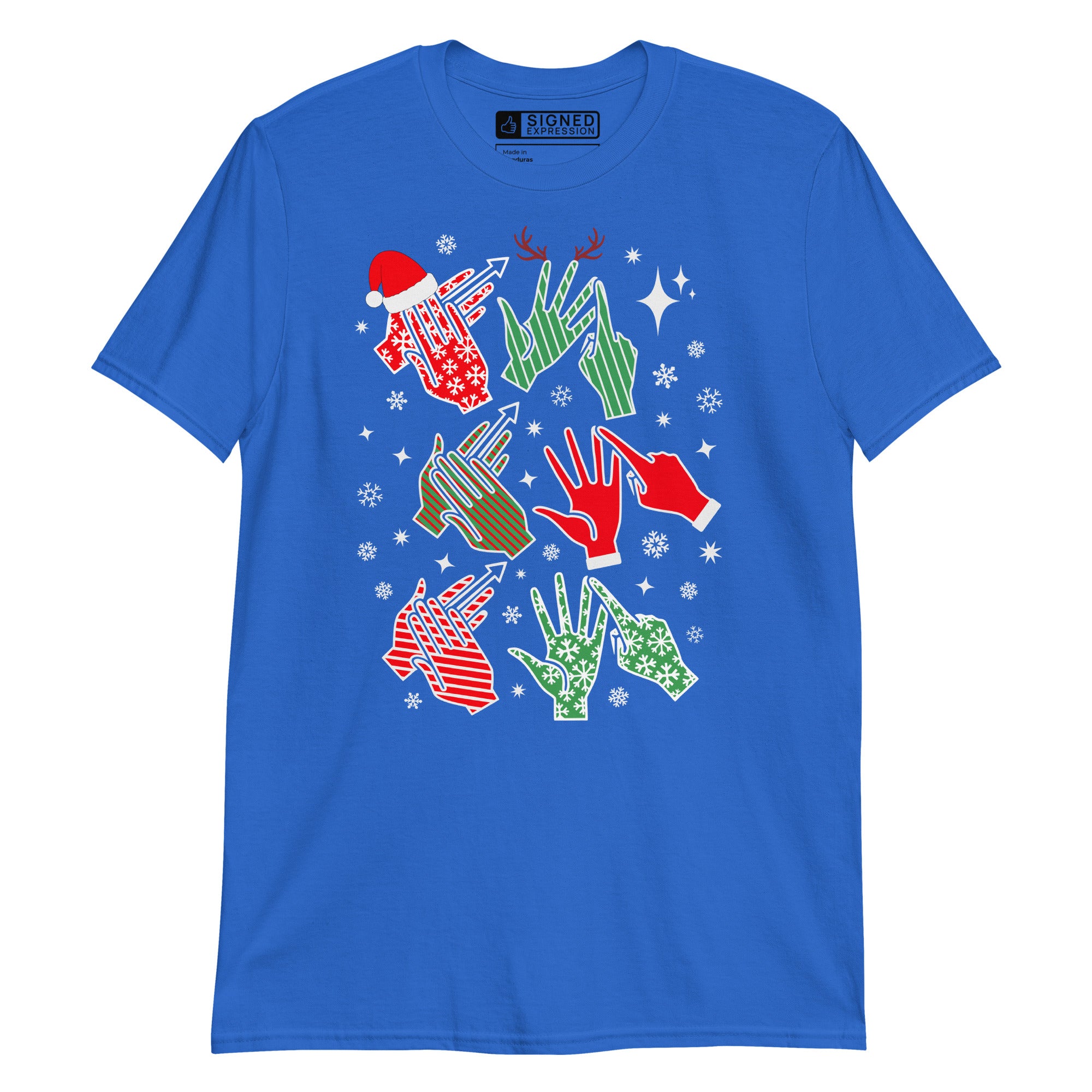 Royal coloured t-shirt with Ho Ho Ho BSL fingerspelling design.