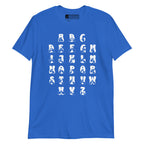 Front view of a royal t-shirt with BSL Alphabet - White Fingerspelling & Text
