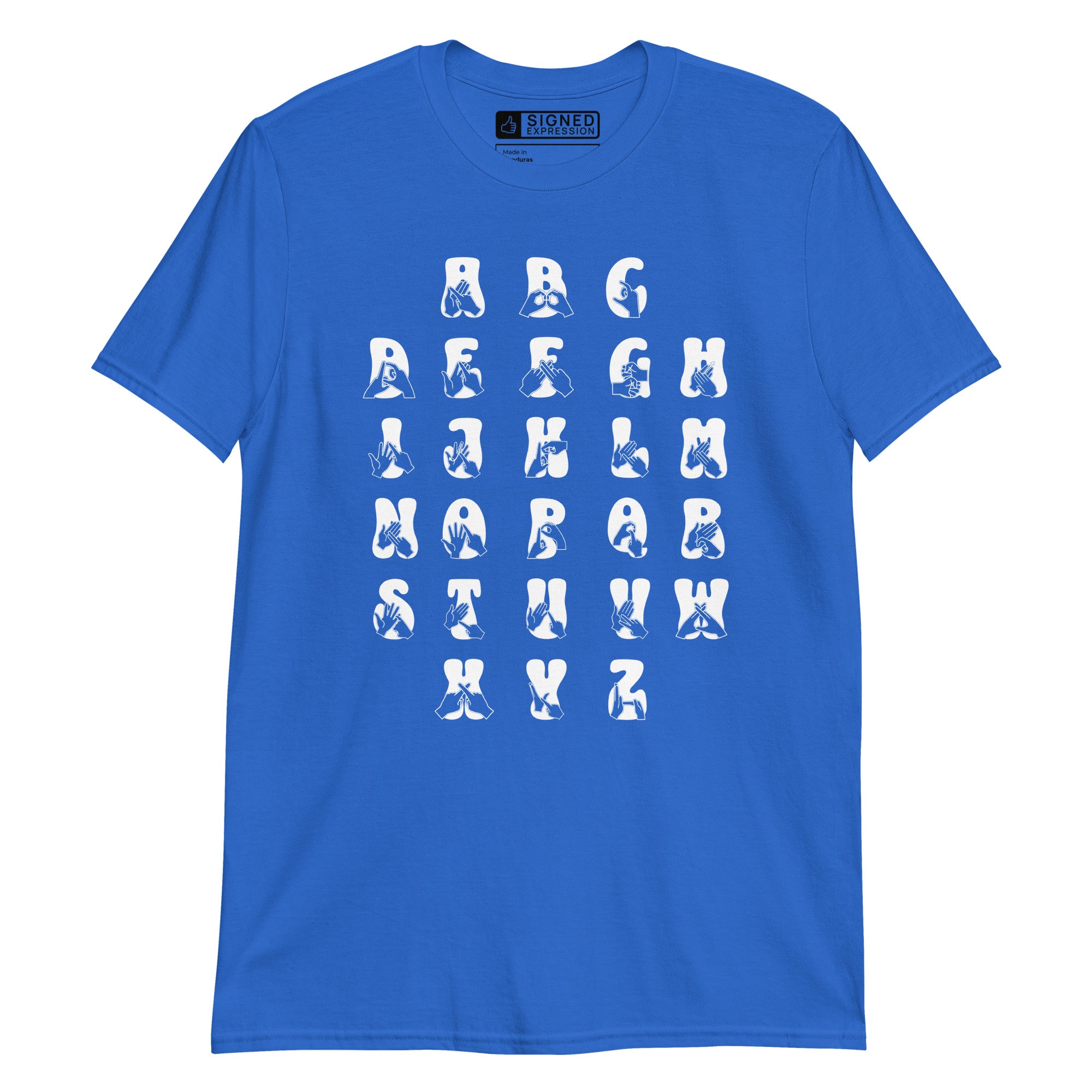Front view of a royal t-shirt with BSL Alphabet - White Fingerspelling & Text