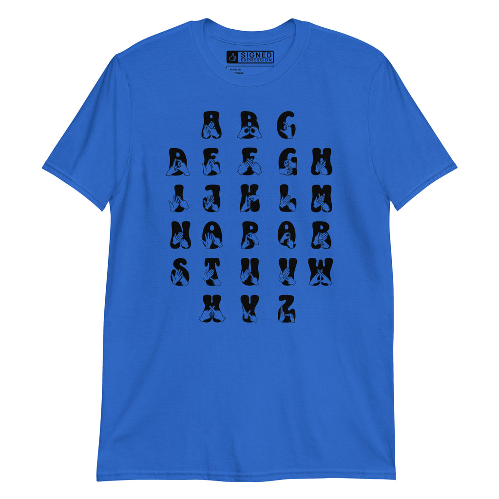 Front view of a royal t-shirt with BSL Alphabet - Black Fingerspelling & Text