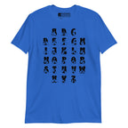 Front view of a royal t-shirt with BSL Alphabet - Black Fingerspelling & Text