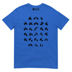 Front view of a royal t-shirt with BSL Alphabet - Black Fingerspelling