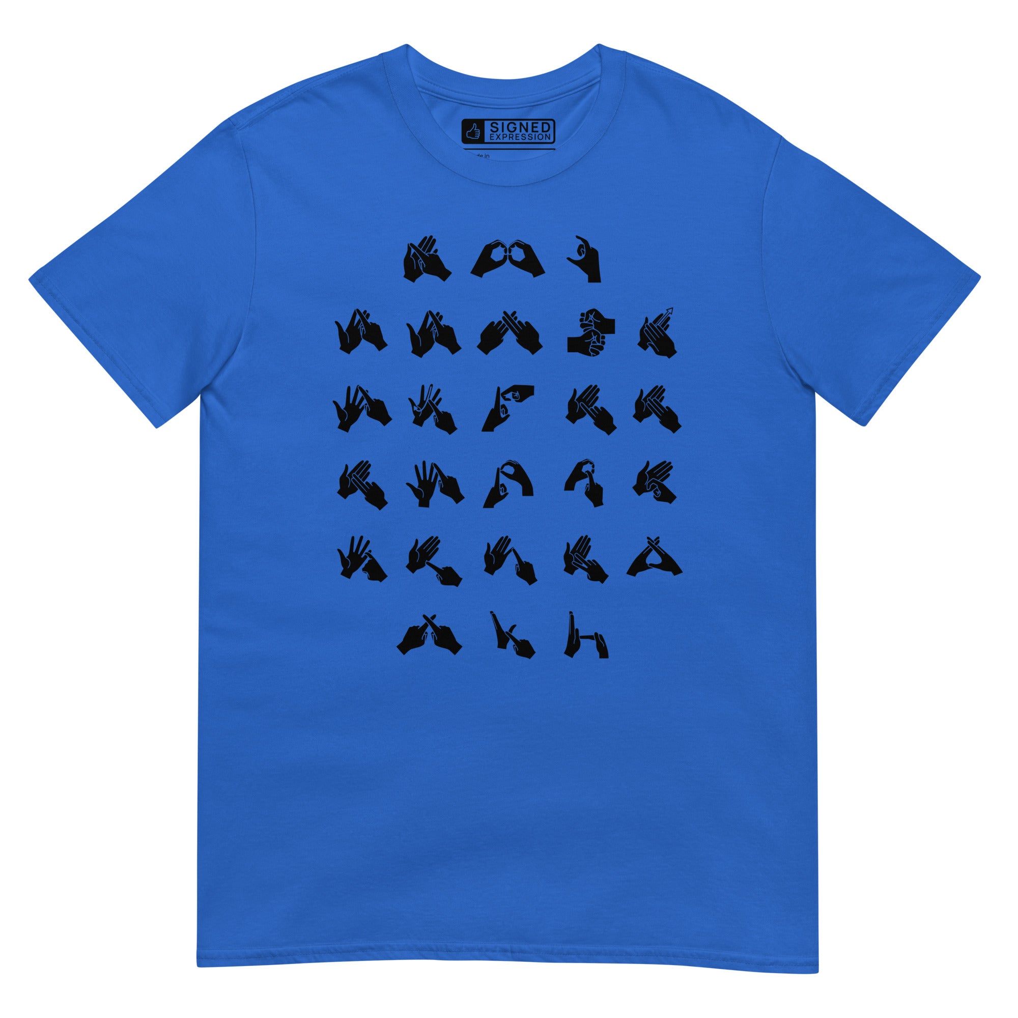 Front view of a royal t-shirt with BSL Alphabet - Black Fingerspelling