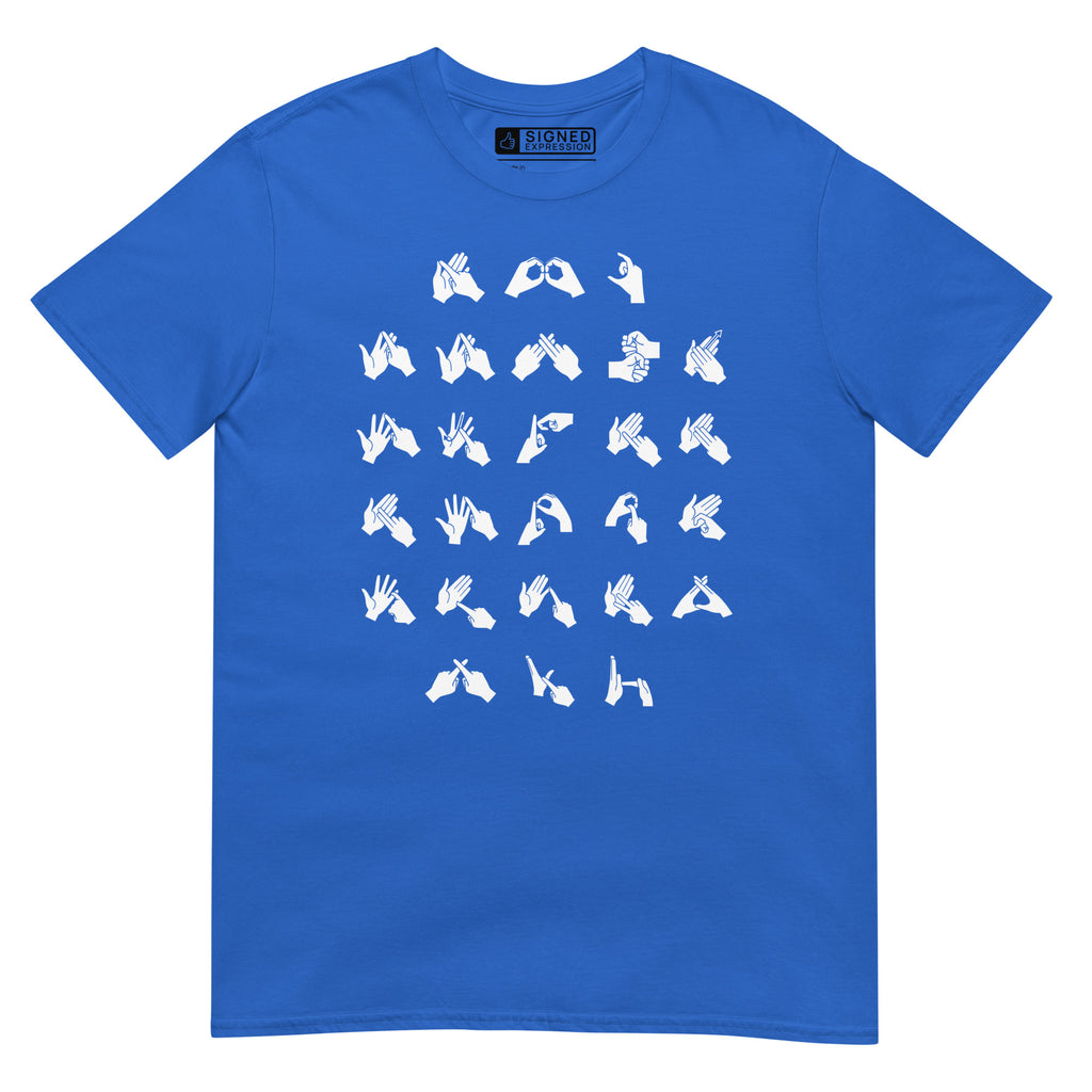 Front view of a royal t-shirt with BSL Alphabet - White Fingerspelling