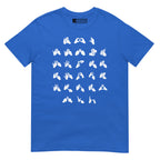 Front view of a royal t-shirt with BSL Alphabet - White Fingerspelling