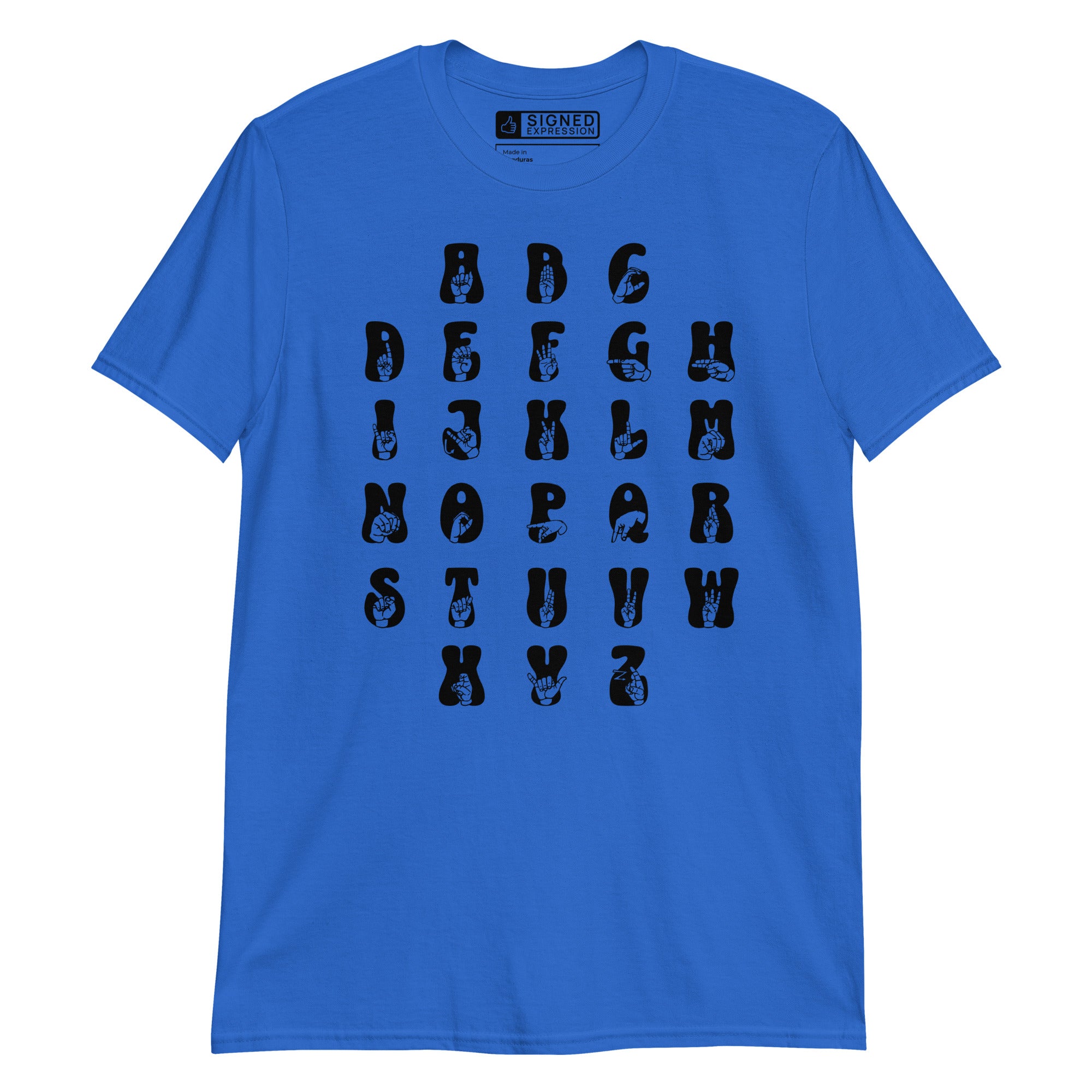Front view of a royal t-shirt with ASL Alphabet - Black Fingerspelling & Text
