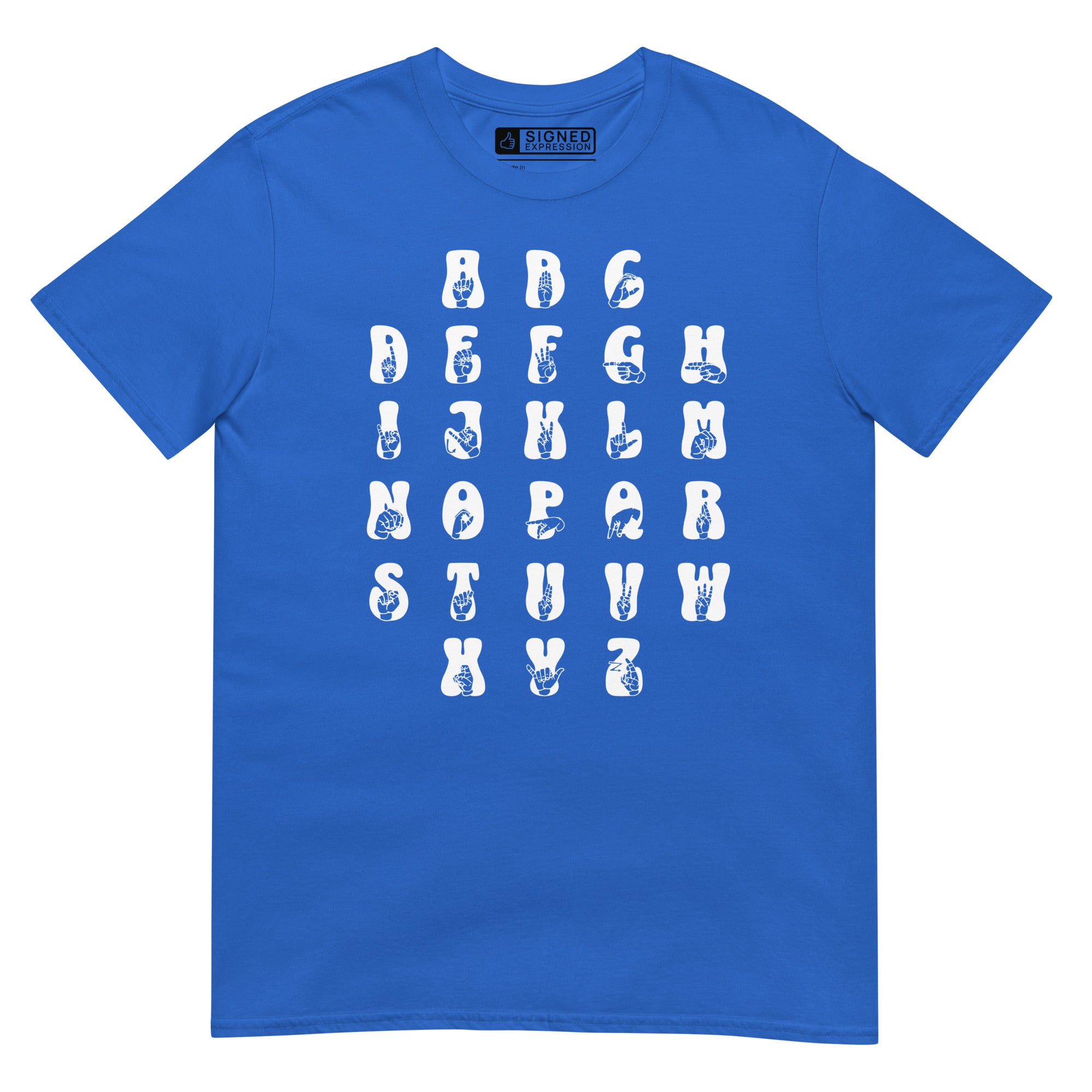 Front view of a royal t-shirt with ASL Alphabet - White Fingerspelling & Text