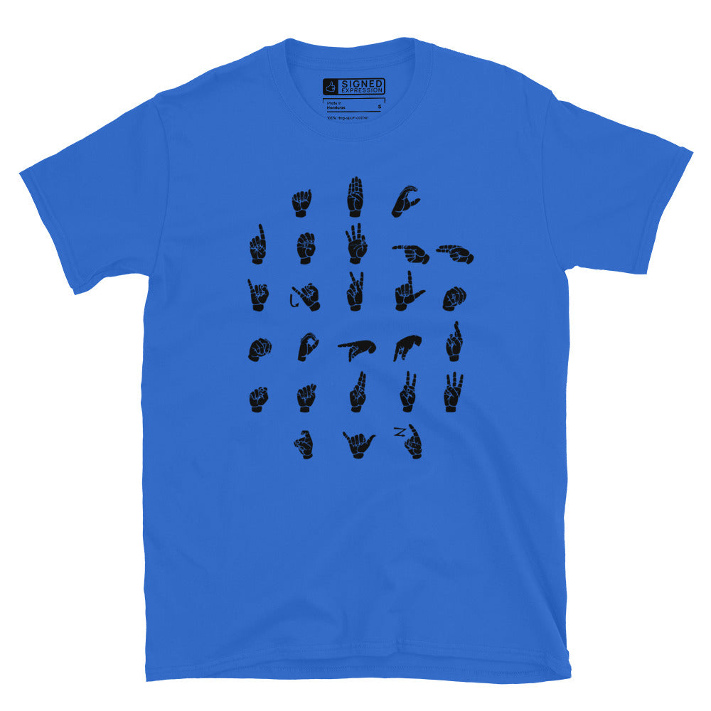 Front view of a royal t-shirt with ASL Alphabet - Black Fingerspelling