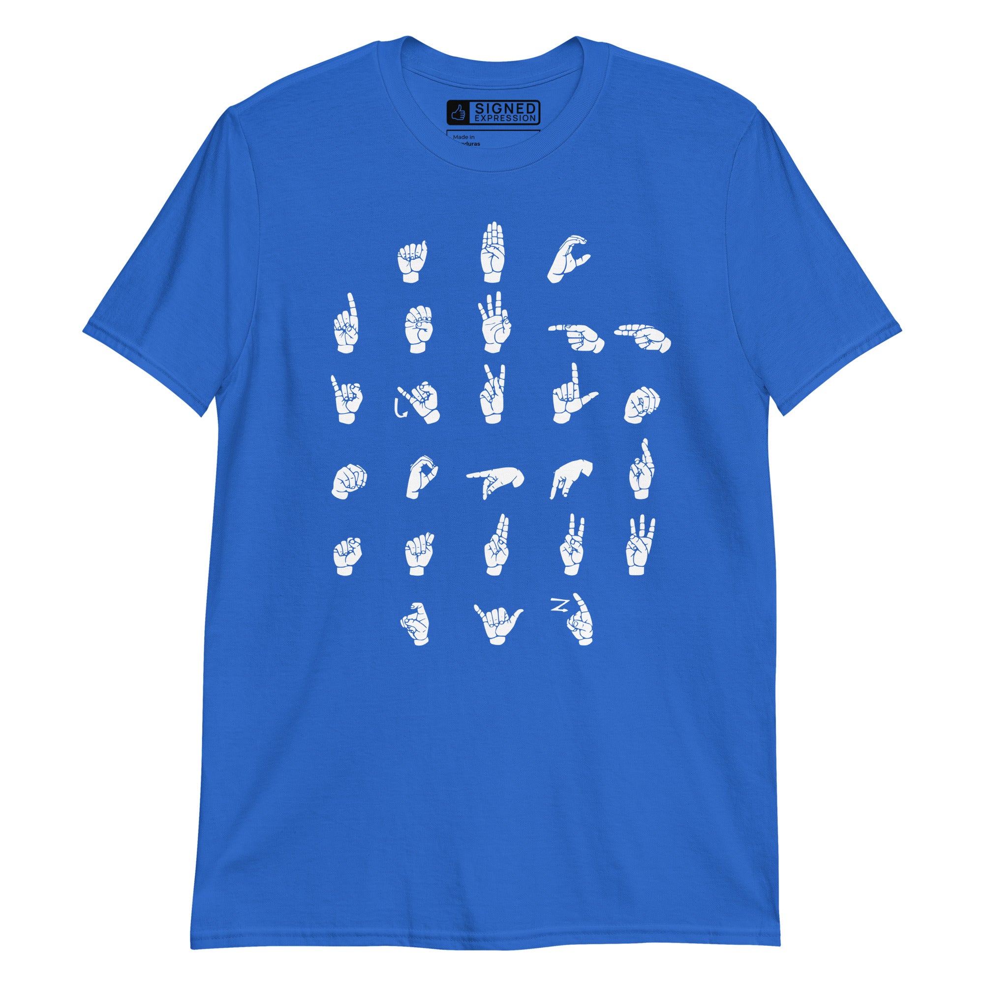 Front view of a royal t-shirt with ASL Alphabet - White Fingerspelling